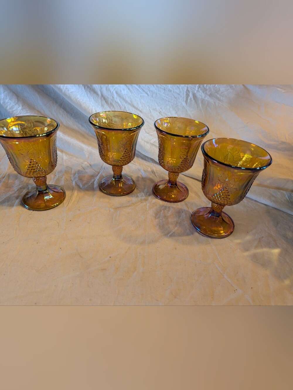 2/100$ Indiana Glass Iridescent Amber Goblets with Grape Pattern